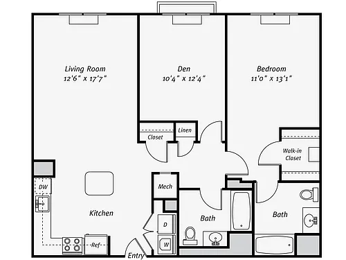 Floor plan A8 South FR 1 Bedroom|2 Bath Plus Den