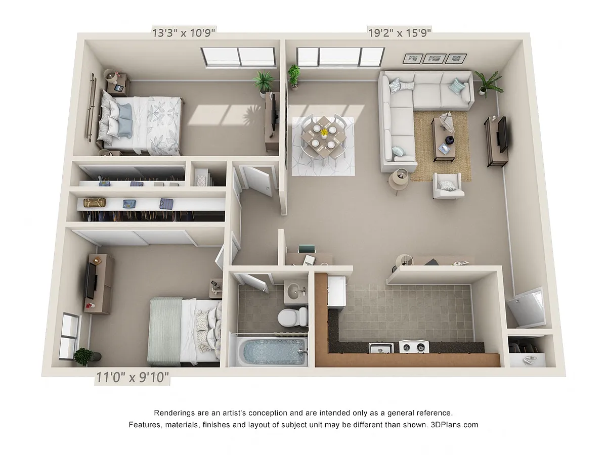 Floor plan 2 Bedroom, 1 Bath (Lower)