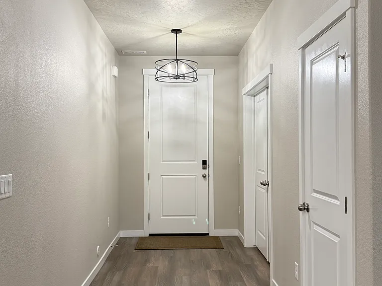 Front door/ Bright entry hallway with modern lighting, LVP floors. To the right is the flex room and hall closet and storage area.