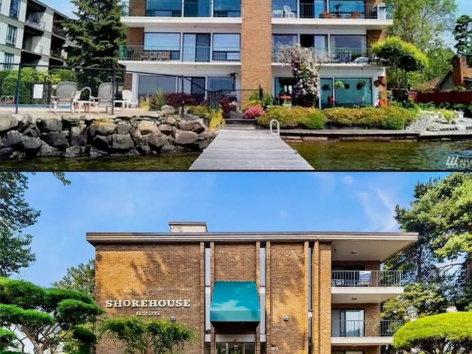 Street view and lake view of the Shorehouse. Building is going through extensive updates since Oct. 2025.
