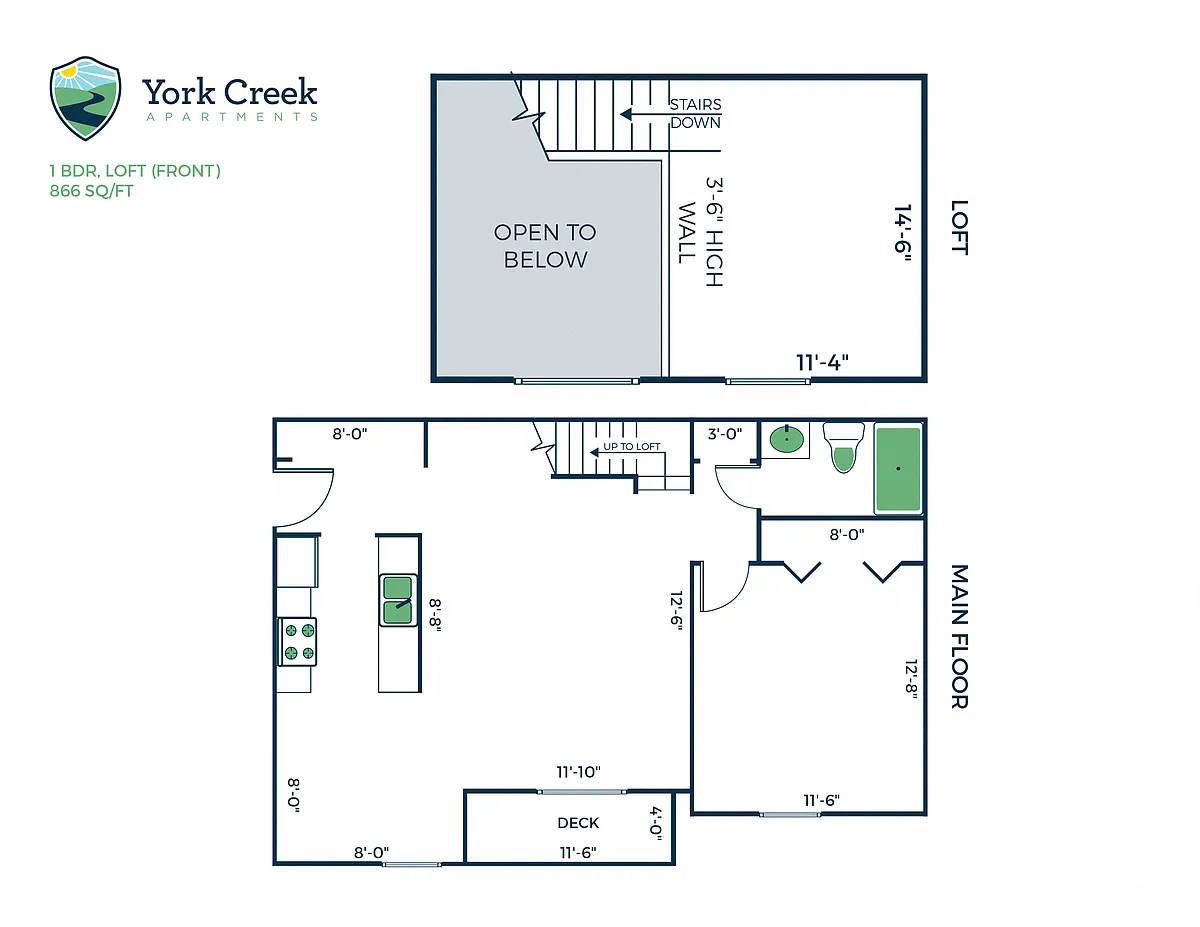 Floor plan 1 Bed, 1 Bath Loft - 866 sq ft