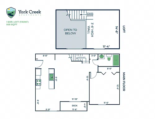 Floor plan 1 Bed, 1 Bath Loft - 866 sq ft