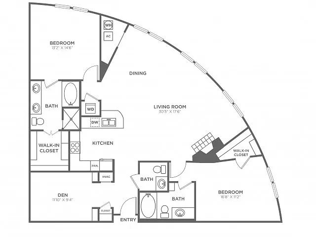 Floor plan 2 Bedroom 2 Bath (1,608 SF)