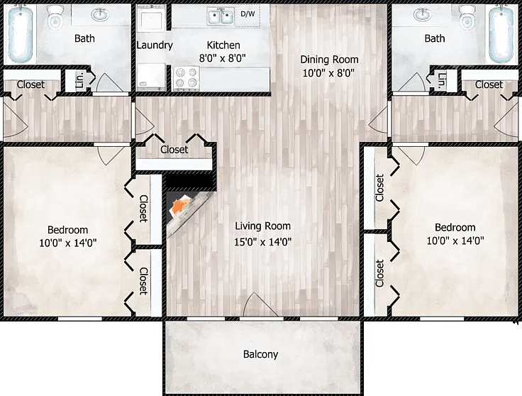 2 Bed 2 Bath Floorplan Diagram
