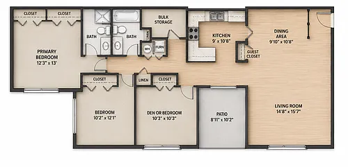 Floor plan The Mansion - Three Bedroom Two Bath