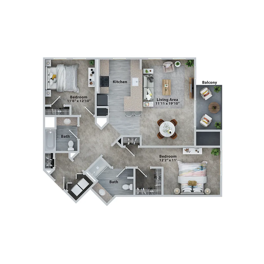 Floor plan Two Bedroom Two Bath (1088sf)