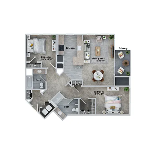 Floor plan Two Bedroom Two Bath (1088sf)