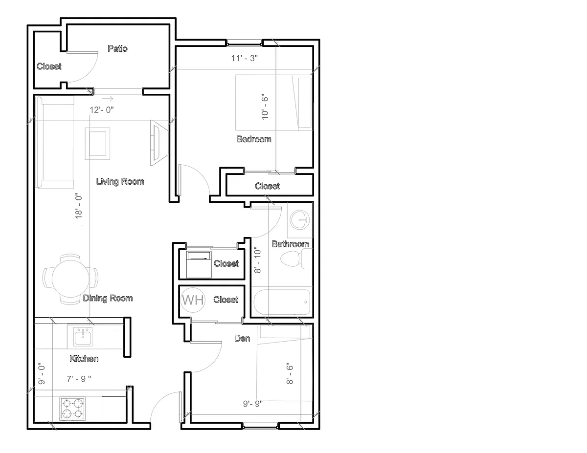 Floor plan 1 bedroom with Den + washer and dryer