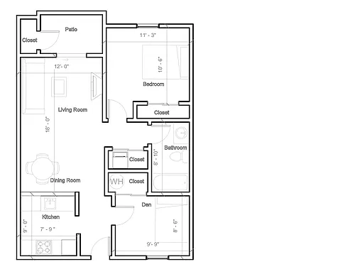 Floor plan 1 bedroom with Den + washer and dryer
