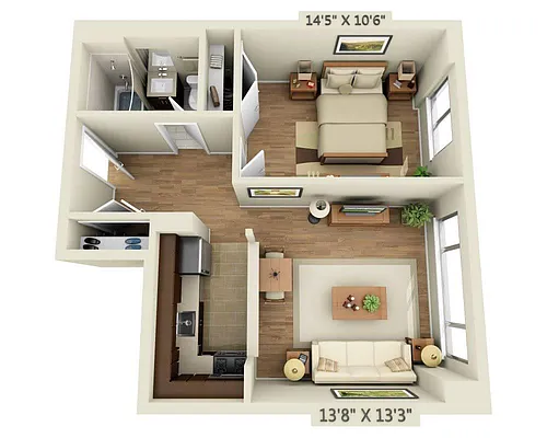 Floor plan One Bedroom A1B-R