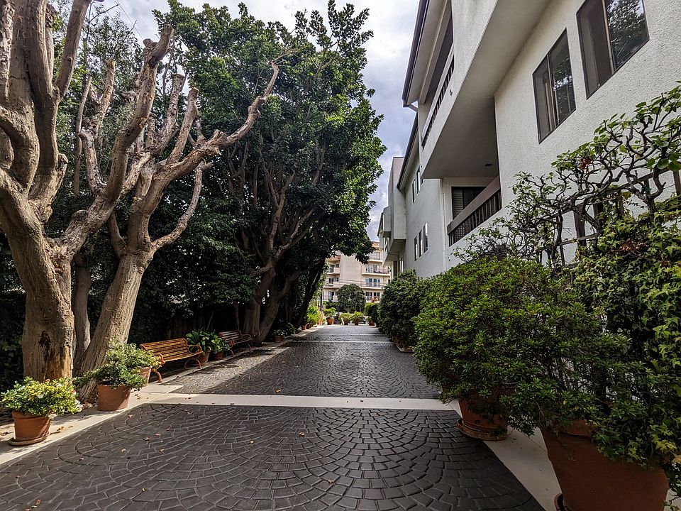 Shaded promenade with benches leading to building entrance away from street.