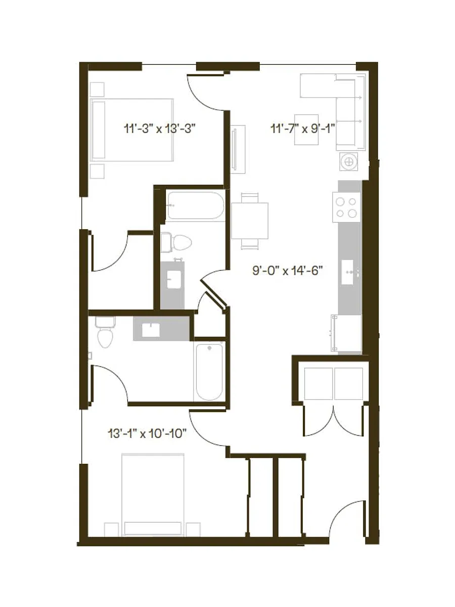 Floor plan 2 Bedroom, 2 Bath B1