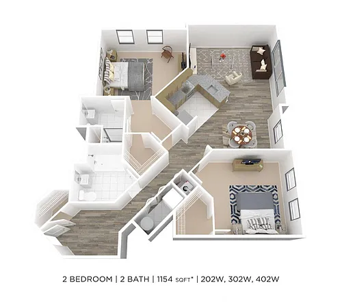 Floor plan Two Bedroom 2 Bath - 1,154 sqft