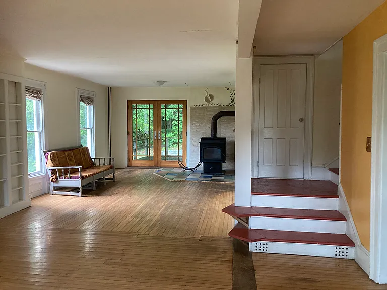 living room with woodstove