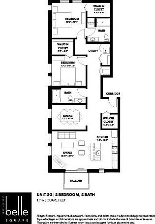 Belle Square floor plan featuring 2 bedrooms, 2 bathrooms, a modern kitchen, and a spacious living-dining area with balcony access, totaling 1316 square feet. Belle Square floor plan featuring 2 bedrooms, 2 bathrooms, a modern kitchen, and a spacious livi