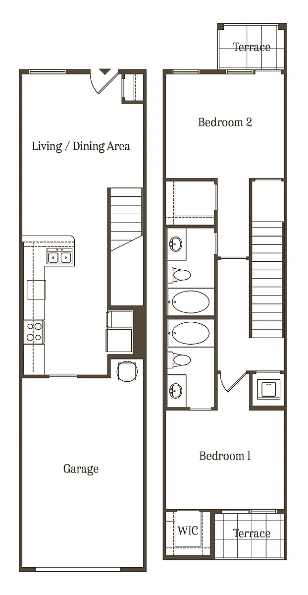Floor plan AD - 2BR 2BA (1097 SF) Townhouse