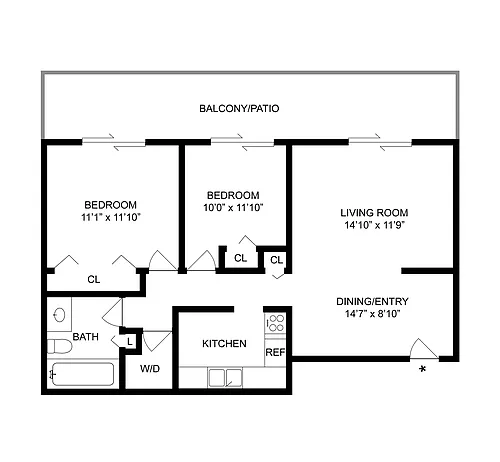 Floor plan 2 BR x 1 BA with Washer/Dryer