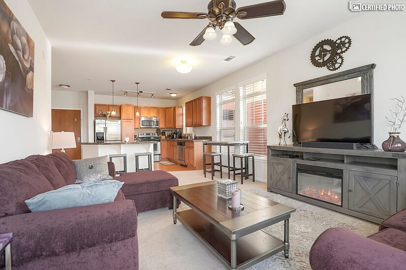 Look at your beautiful living space, even has a fireplace!
