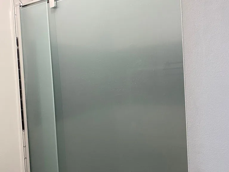Frosted shower door pivots on top and bottom pins for easy access.