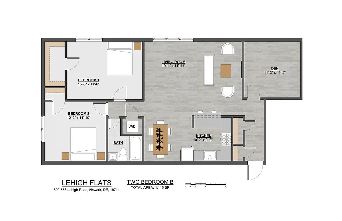 Floor plan 2 Bed | 1 Bath | Den