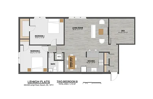 Floor plan 2 Bed | 1 Bath | Den