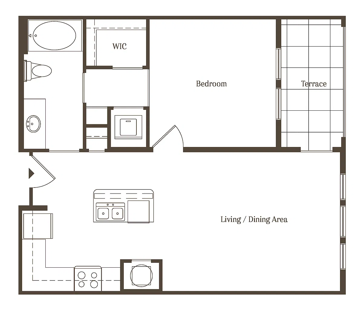 Floor plan AD - 1BR 1BA (708 SF)