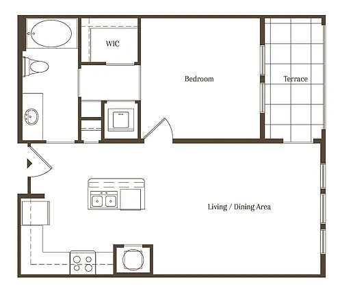 Floor plan AD - 1BR 1BA (708 SF)