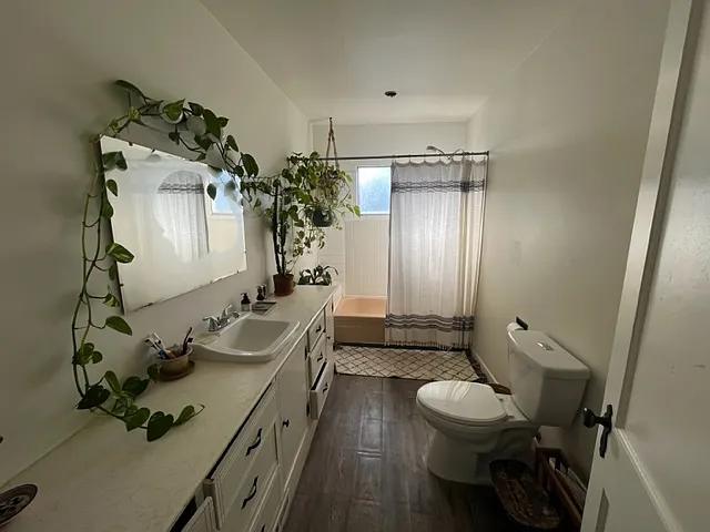 Main house upstairs bathroom (currently being remodeled with wood floors, double vanity, and new fixtures)