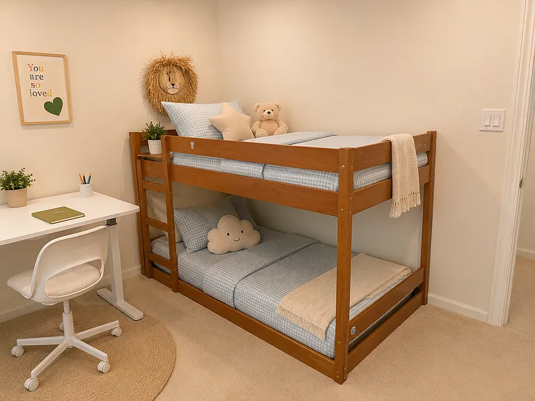 **Bedroom 3**
A bright and cheerful bedroom featuring a twin-over-twin bunk bed, a dedicated study desk, and a cozy space that's perfect for kids, friends, or additional guests.