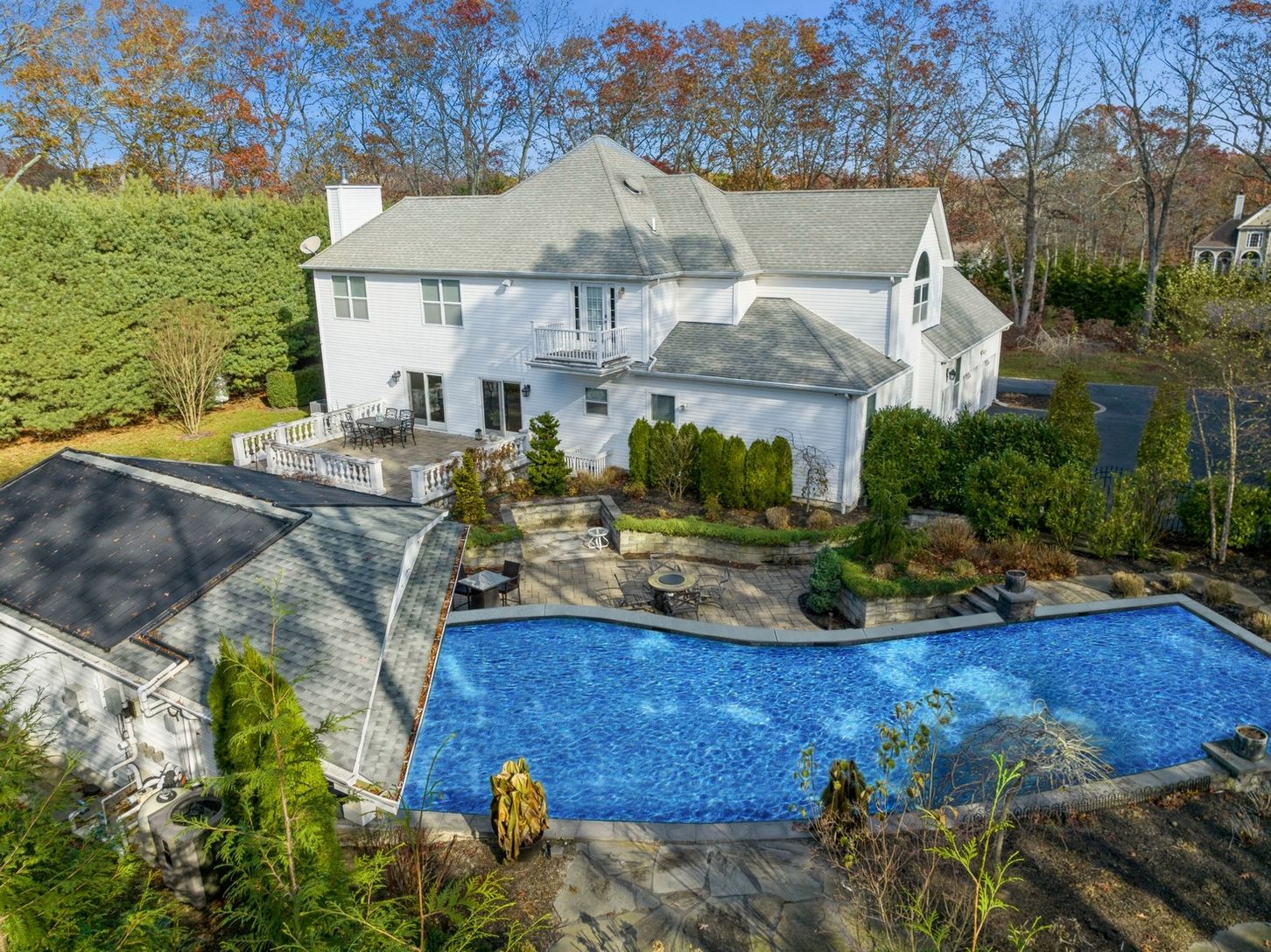  Aerial View, Custom Gunite Pool & Cabana. Virtually Staged. 