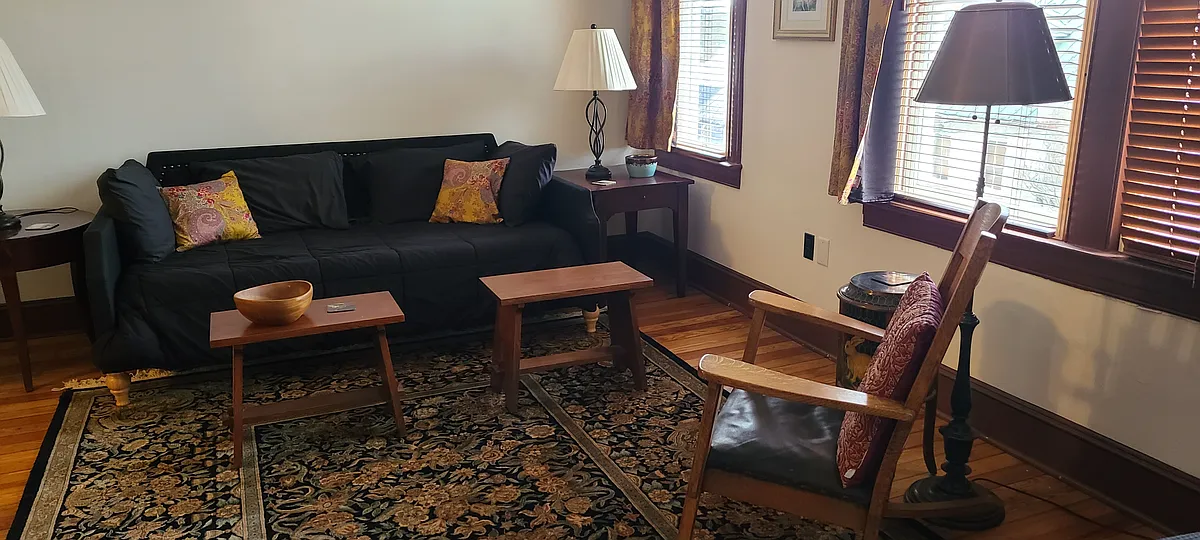 Comfortable living room with ample seating. Adjustable wood blinds and curtains on windows - open to let the sun stream in! - 131 W German St #2A
