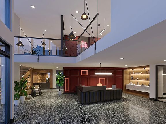 Hotel-inspired lobby at Modera SoBro in Nashville, TN.