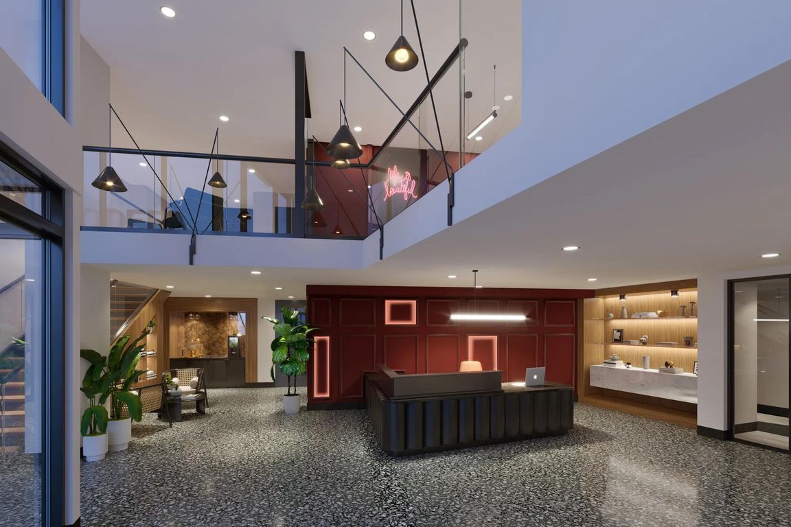 Hotel-inspired lobby at Modera SoBro in Nashville, TN.
