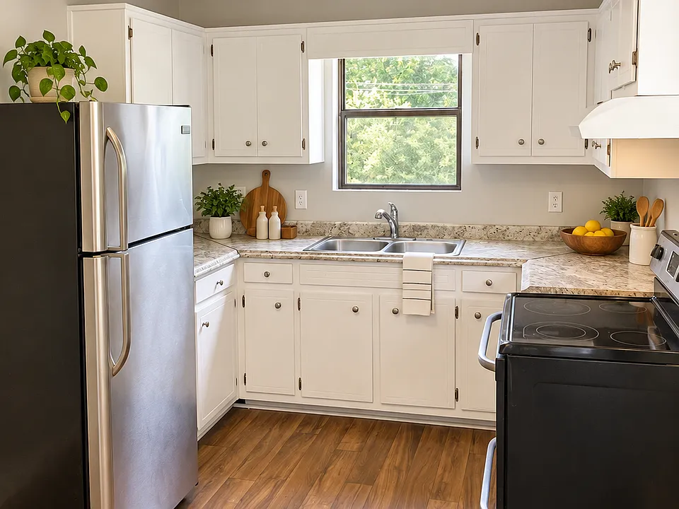 Kitchen with stainless-steel appliances and laminate countertops. Virtually staged; decorative items are not included.