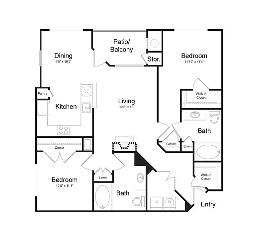 Floor plan Two Bedroom Two Bath (1132 SF)