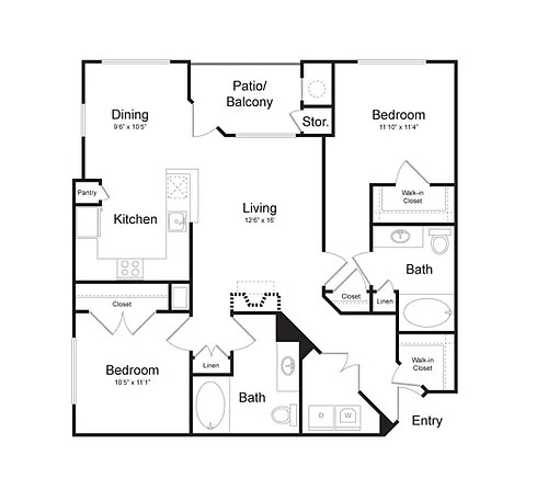 Floor plan Two Bedroom Two Bath (1132 SF)