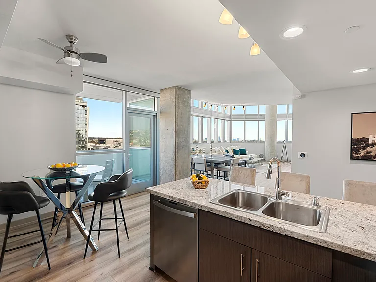 Light-filled kitchen at 1600 Vine in Hollywood, CA.