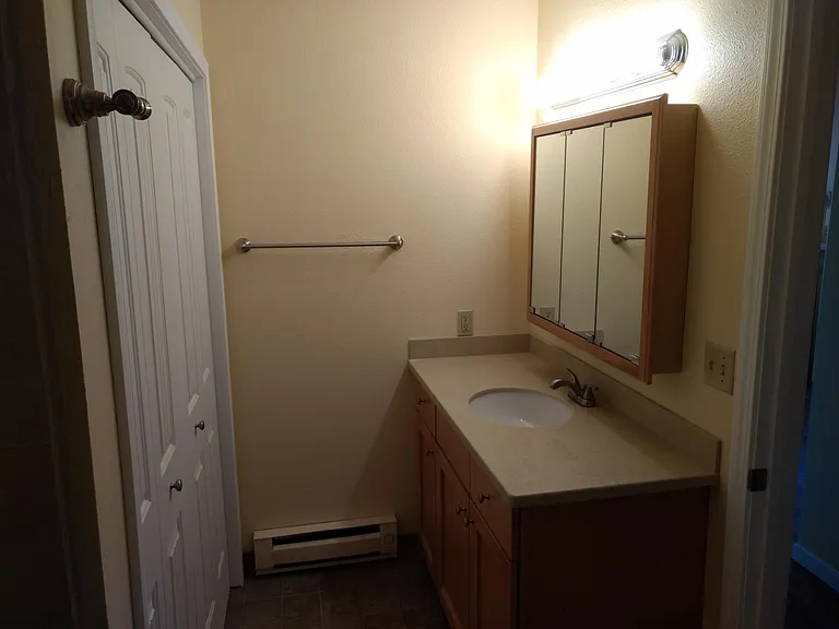 New bathroom vanity across from laundry hookups.