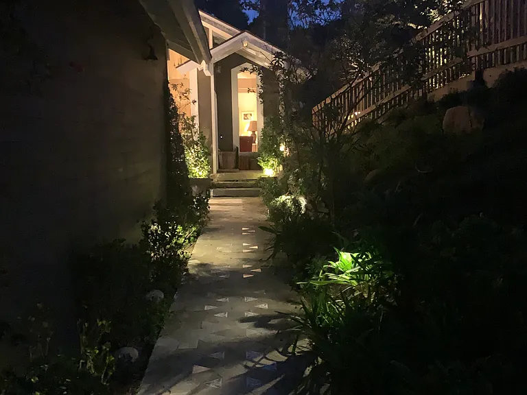 Front door walkway at dusk