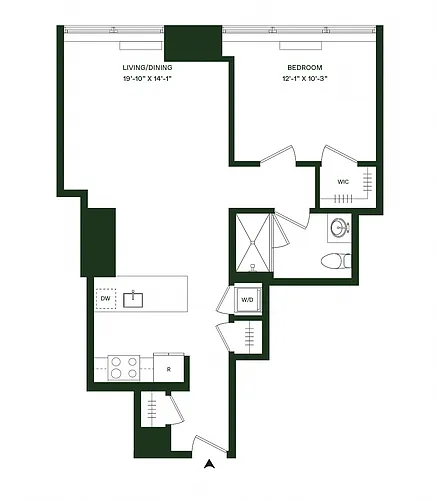 Floor plan Residence 02 - North: 1BR 1BA (Floors 14-43, and 4