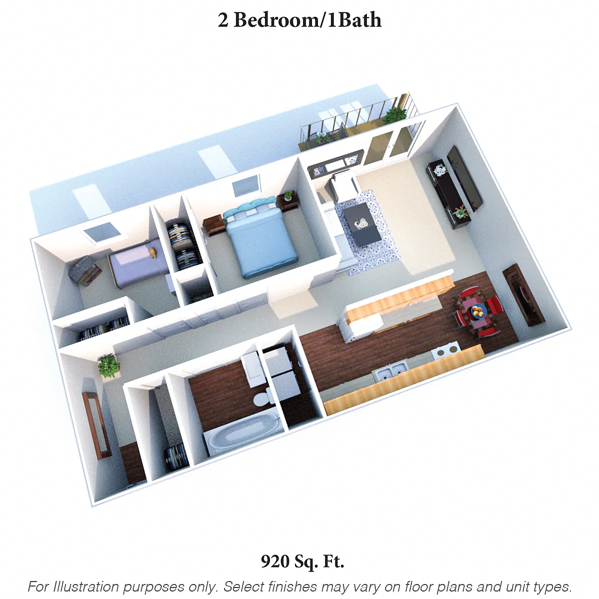 Floor plan Two Bedroom One Bath - 920SqFt
