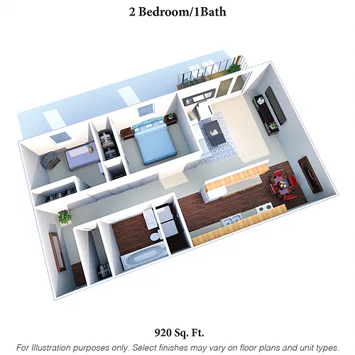 Floor plan Two Bedroom One Bath - 920SqFt