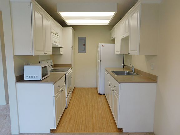Kitchen with smooth top range; range hood; disposal, refrigerator with ice maker. Microwave in as-is condition.