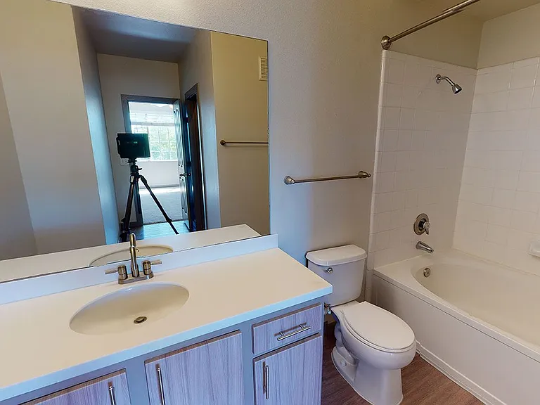 Apartment bathroom with wood-style flooring.