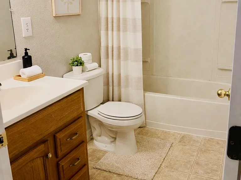 Basement full bathroom, virtually staged with decor only