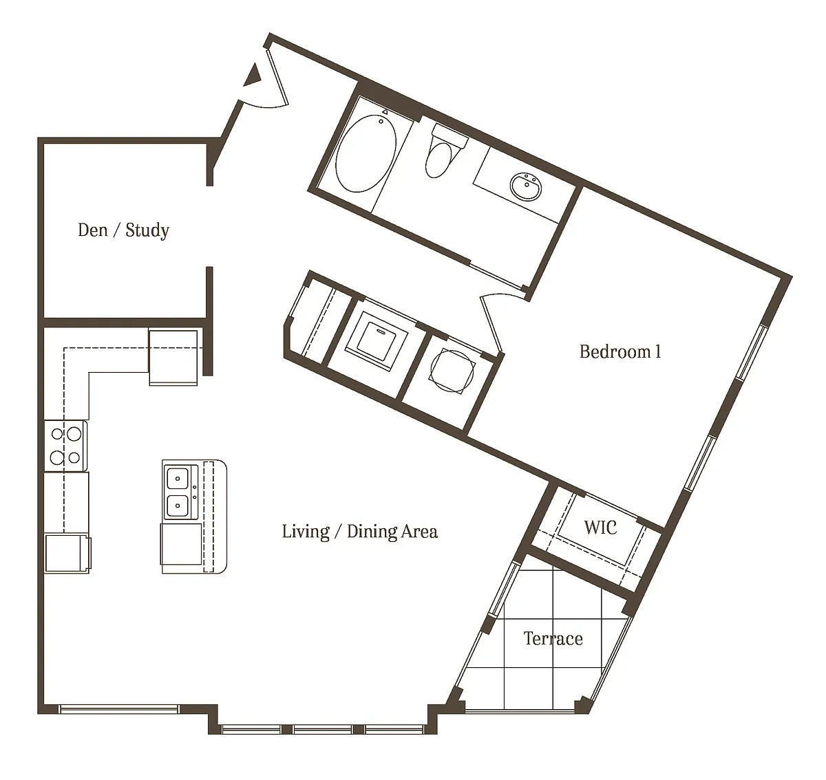 Floor plan AD - 1BR 1BA (889 SF)