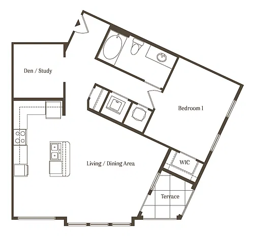 Floor plan AD - 1BR 1BA (889 SF)