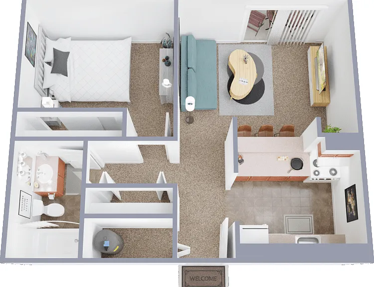 1 Bed 1 Bath Floorplan Diagram