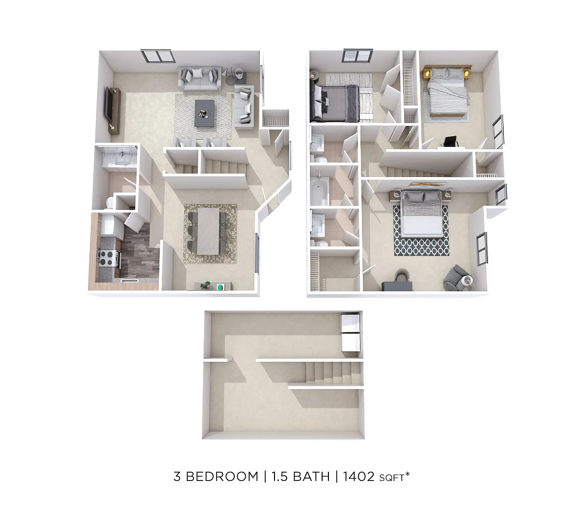 Floor plan Three Bedroom 1 Full & 2 Half Bath Townhome - 1,40
