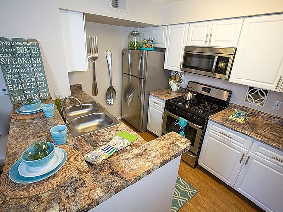 Stainless steel appliances in every home, with gas utilities (stove, dryer, and hot water).